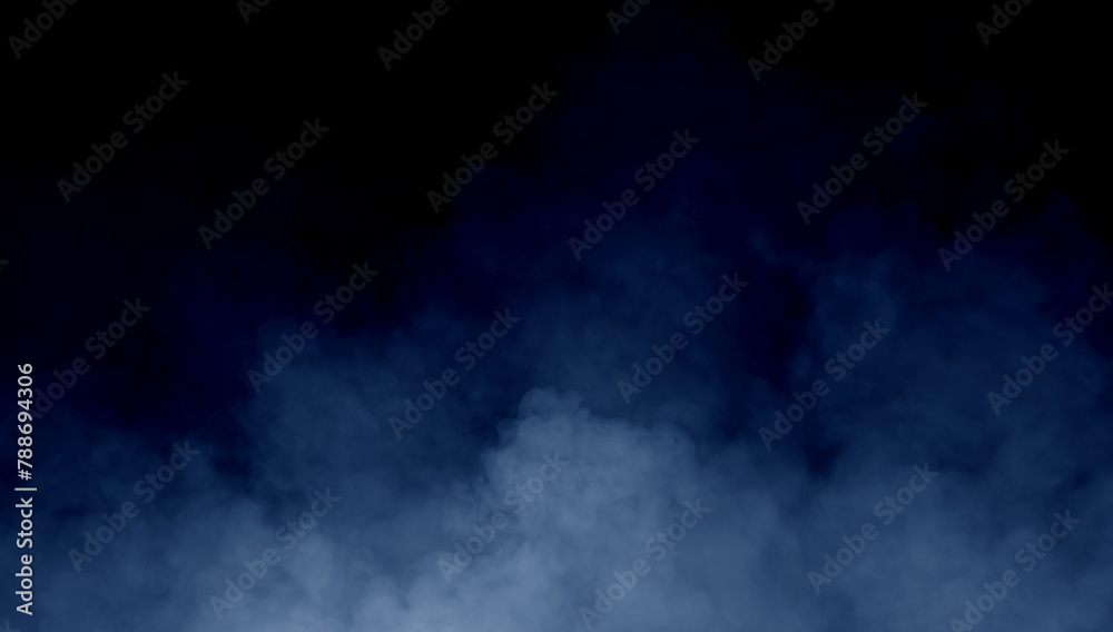 Abstract blue smoke misty fog on isolated black background. Texture overlays. Paranormal mystic smoke, clouds for movie scenes