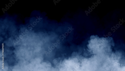 Abstract blue smoke misty fog on isolated black background. Texture overlays. Paranormal mystic smoke, clouds for movie scenes