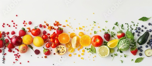 Image showing a variety of fruits and vegetables in different colors of the rainbow  surrounded by white space.