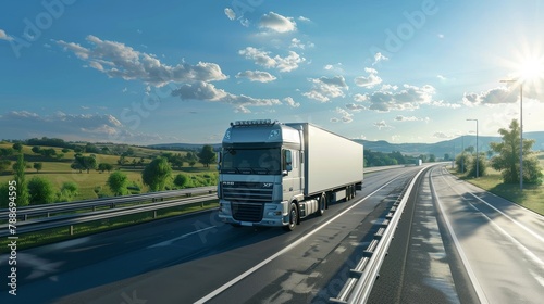 A semi truck is driving down a road with a cloudy sky in the background