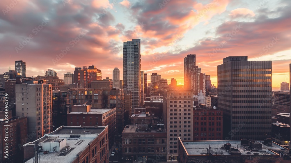 Obraz premium Sunset Over City with Dramatic Skyline