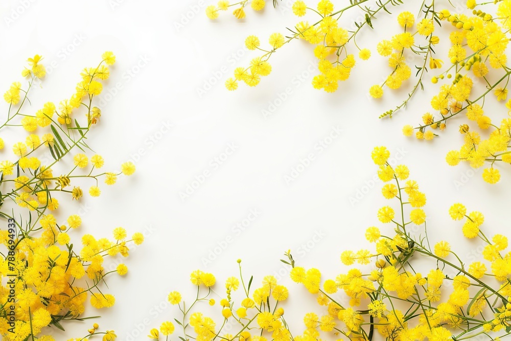 Mimosa flowers with copyspace for text on white background