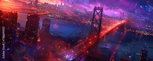 Futuristic cityscape and bridge under starry sky