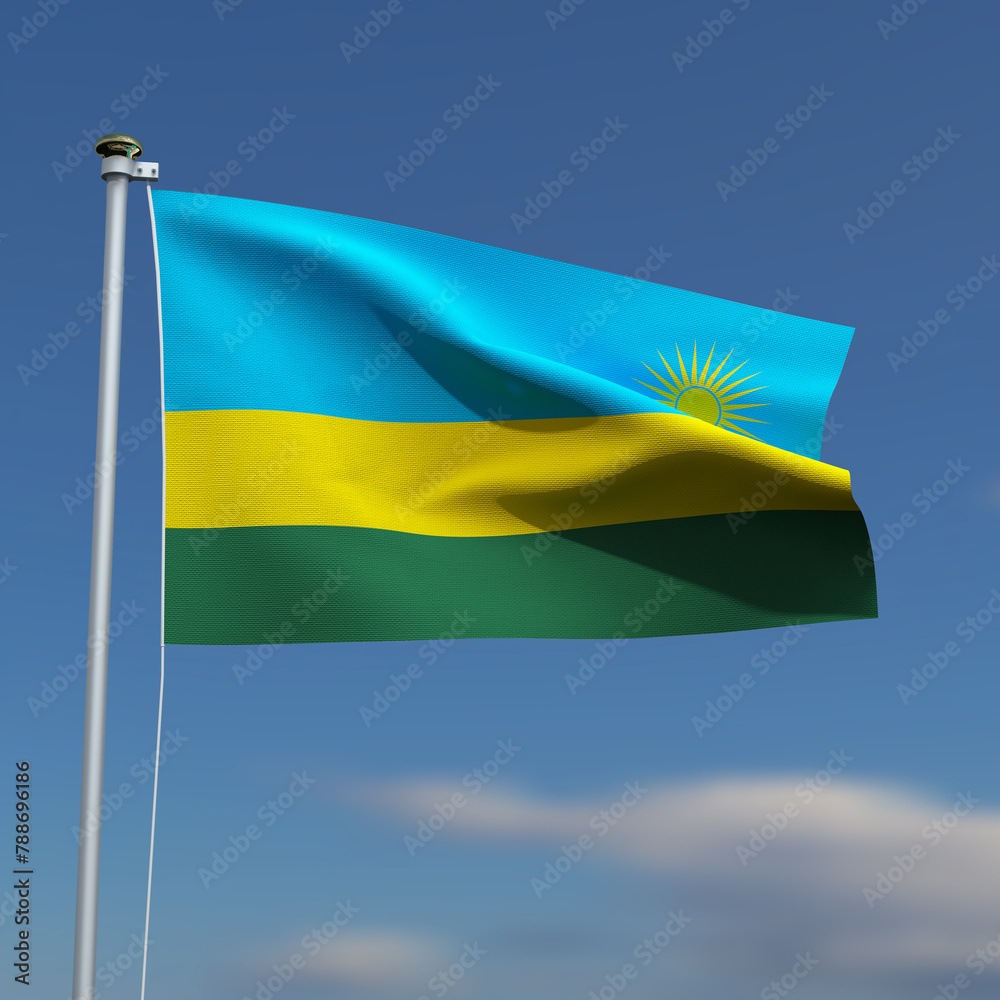 Rwanda Flag is waving in front of a blue sky with blurred clouds in the background Rwanda Flag is waving in front of a blue sky with blurred clouds in the background