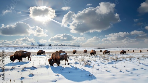 A herd of bison buffaloes grazing in the snow-covered prairie near Custer State Park, South Dakota on a sunny day with blue sky and white clouds. © Copper