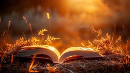 Keuken achterwand Bruin opened book with landscape lying on yellow grass on sunset. Copy space image. Place for adding text or design  © JovialFox