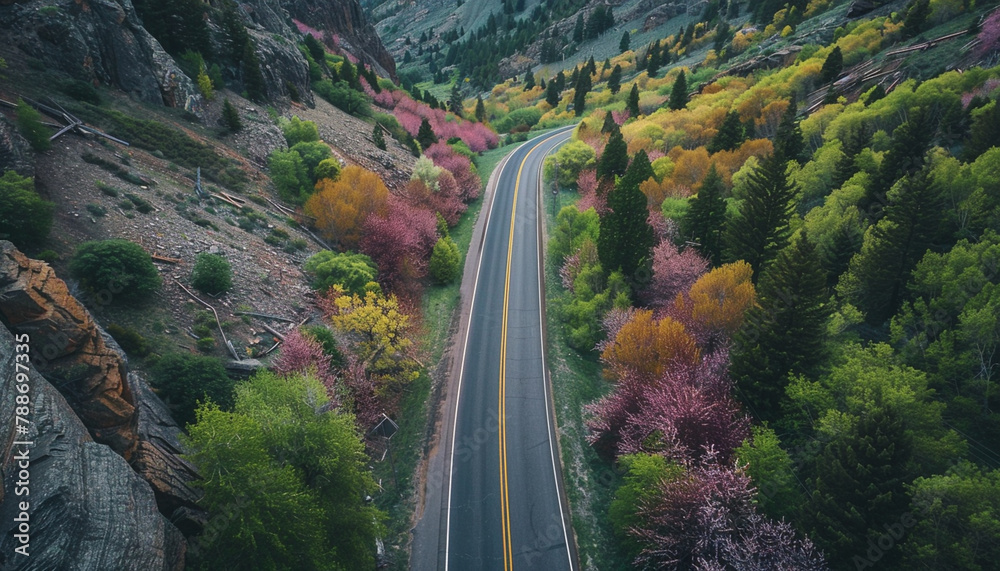 Scenic Mountain Road, Vivid Spring Colors, Aerial Drone View Scenic Mountain Road, Vivid Spring Colors, Aerial Drone View