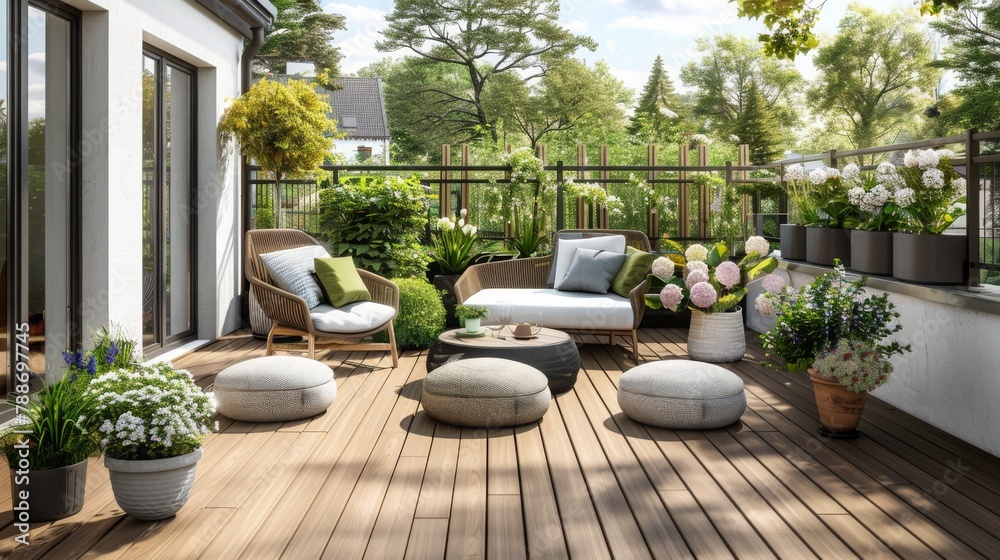 Beautiful of modern terrace with wood deck flooring and fence, green potted flowers plants and outdoors furniture. Cozy relaxing area at home. Sunny stylish balcony terrace in the city, Generative AI