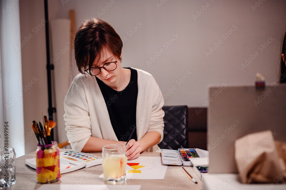 An artist engrossed in painting, her tools spread out on the table, capturing a moment of creative flow in a peaceful setting An artist engrossed in painting, her tools spread out on the table, capturing a moment of creative flow in a peaceful setting