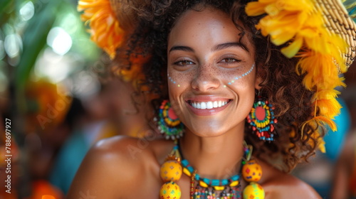 Woman Smiling in Sunflower Headdress