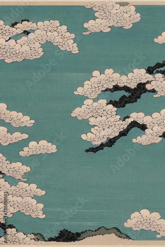 Ukiyo-e style design of cherry blossoms and clouds in pink tones and colors, Ai-generated illustration