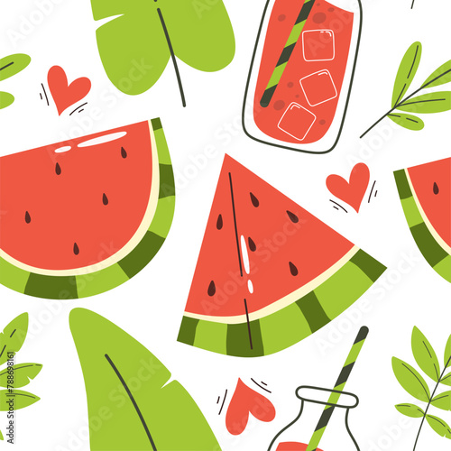 Seamless pattern with watermelon slices and drink in cartoon flat style, bright and summer print. Vector illustration.
