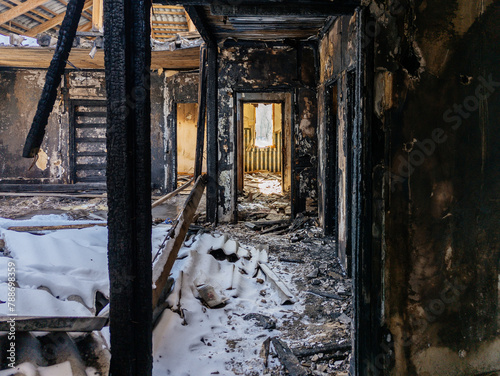 Burned room interior in apartment house. Consequences of fire concept