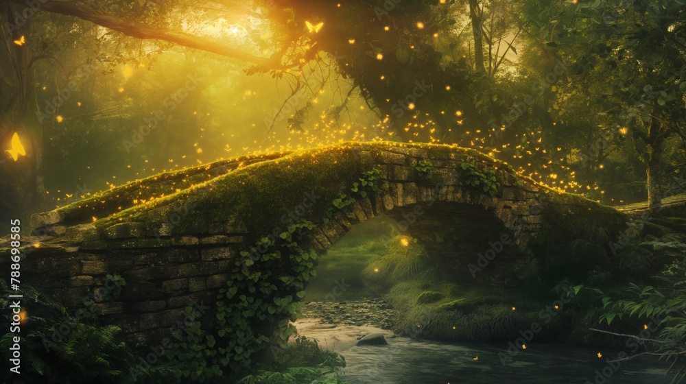 Mystical Forest Bridge with Glowing Lights at Night Mystical Forest Bridge with Glowing Lights at Night