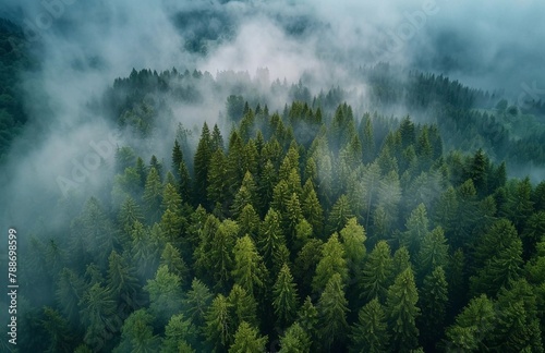 Green forest under the cover of clouds, spruce and pine trees, view from above. Sustainable forest. Lush green trees absorb CO2. Natural carbon sink. Nature concept. Earth Day. photo