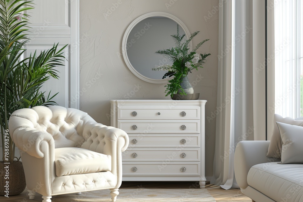 White chest of drawers in stylish living room interior
