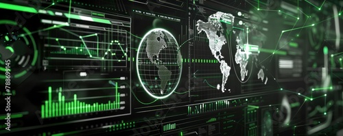A globe map with green highlights and charts, graphs, data points of global internet traffic displayed against a black and white digital backdrop.
