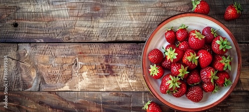 Strawberries in a plate. On a wooden background. View from above. generative ai