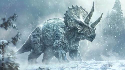 frozen gigantic triceratops dinosaur at rock mountain photo