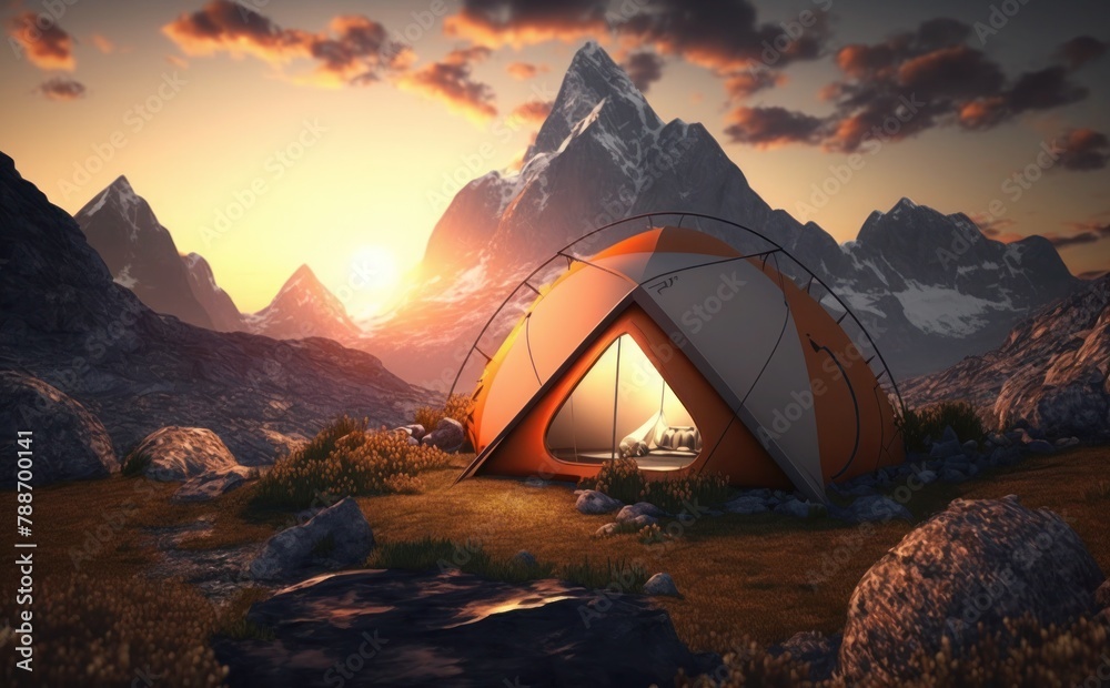 Tent in the desert with mountains in the background. 3d render, nature background