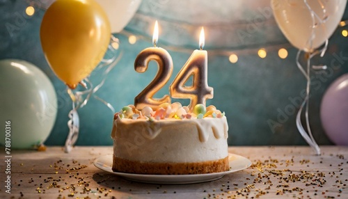 number 24 candle on a twenty eit year birthday or anniversary cake celebration with balloons photo