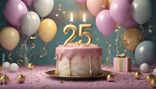 number 25 candle on a twenty eit year birthday or anniversary cake celebration with balloons