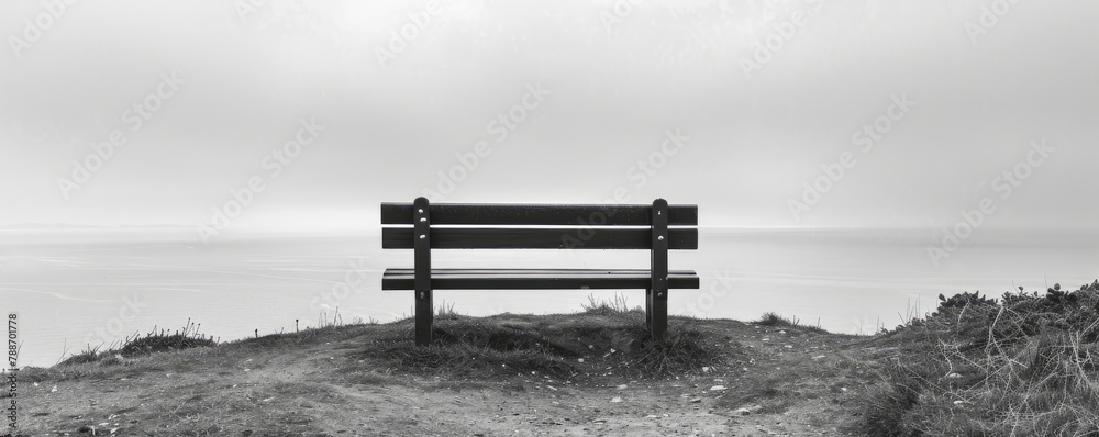 Thinking hard on a bench that stretches out into the distance, far-off scene,