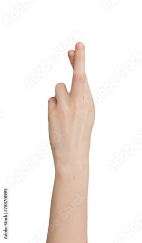 Crossing fingers for luck, hand gesture isolated on white