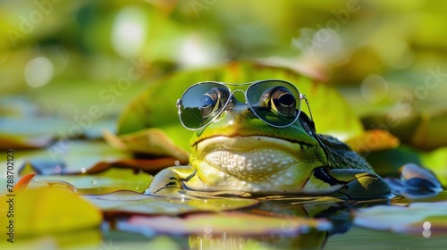 Sunglasses wearing frog in front of a pond with lily pads