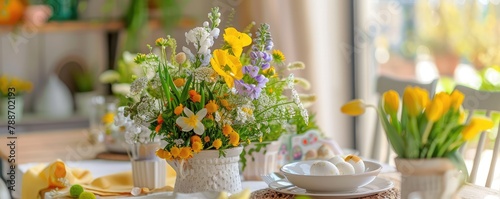 A bright and colorful Easter table setting with a variety of flowers and Easter eggs, showcasing holiday festivities