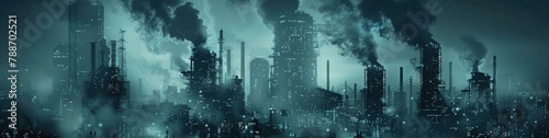 a glimpse of an electric blue coloured industrial environment that fades into digital data clouds in the distance photo
