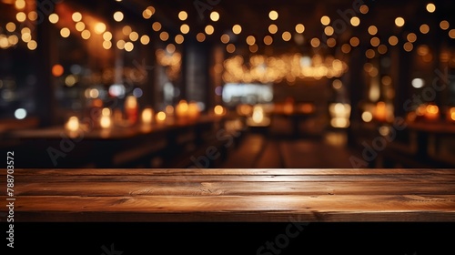 restaurant atmosphere highlighted by a wooden tabletop and enchanting ambient bokeh light background