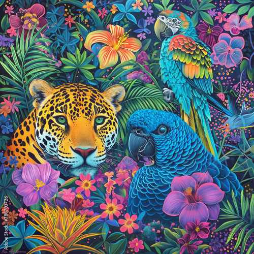 Brazilian fauna and flora  two characters  a jaguar and a blue macaw covered in flowers by harryfinney  bold manga lines  in the style of portraits