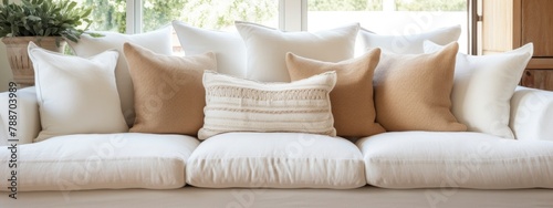 elegant sofa with white and terra cotta pillows infront of a glass window