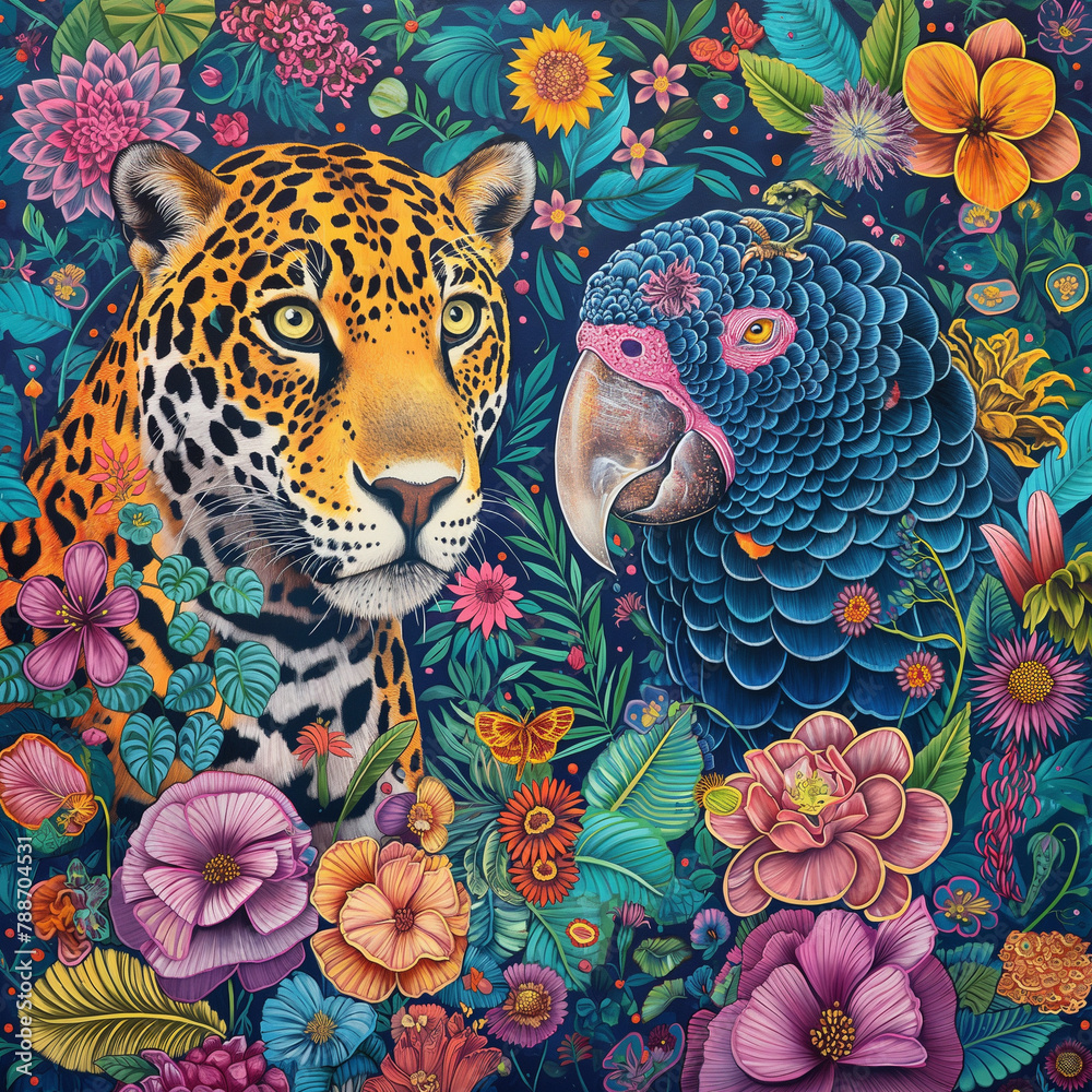 Obraz premium Brazilian fauna and flora, two characters, a jaguar and a blue macaw covered in flowers by harryfinney, bold manga lines, in the style of portraits