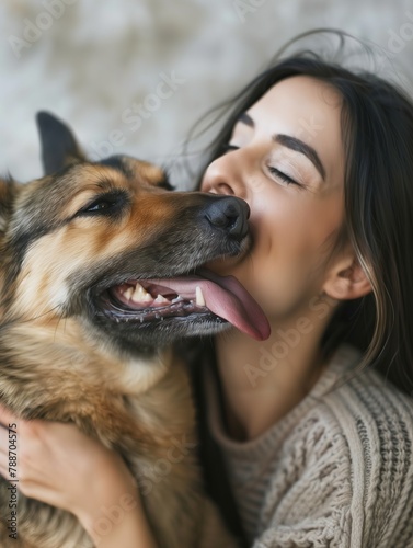 Woman Holding Dog and Licking Its Face photo