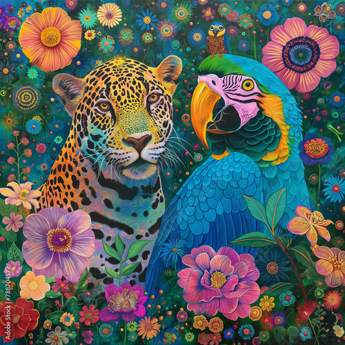 Brazilian fauna and flora, two characters, a jaguar and a blue macaw covered in flowers by harryfinney, bold manga lines, in the style of portraits
