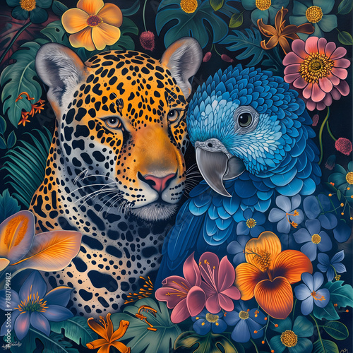 Brazilian fauna and flora, two characters, a jaguar and a blue macaw covered in flowers by harryfinney, bold manga lines, in the style of portraits