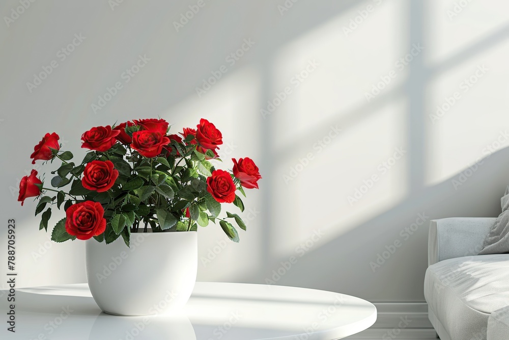 Bouquet of red rose flowers in flowerpot on table in living room Bouquet of red rose flowers in flowerpot on table in living room