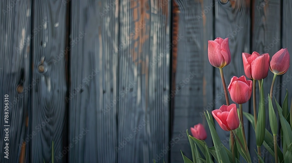 Naklejka premium Tulips blooming against a rustic wooden backdrop