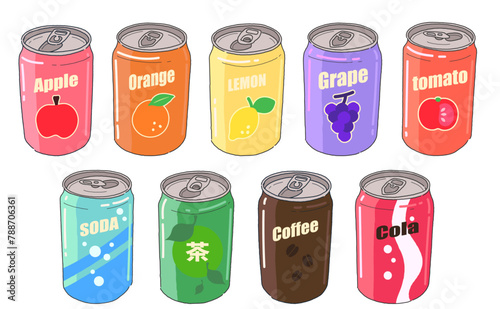 色々な缶の飲み物の手描きイラストセット
