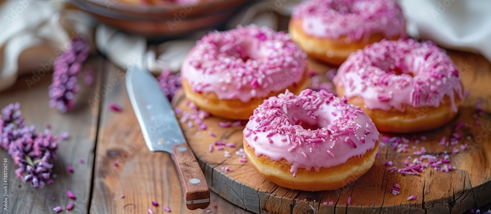 On a wooden board are round donuts with pink frosting, accompanied by a knife and a cotton napkin nearby. It is a vibrant display of sweet treats.