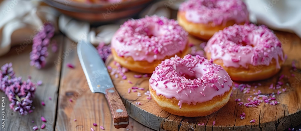 Fototapeta premium On a wooden board are round donuts with pink frosting, accompanied by a knife and a cotton napkin nearby. It is a vibrant display of sweet treats.