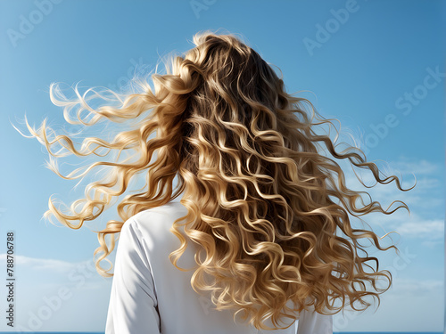 back view blonde with long curly flowing hair (ID: 788706788)