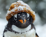 A penguin is wearing a fur coat and is looking at the camera. Concept of warmth and comfort, as the penguin is protected from the cold weather by its fur coat