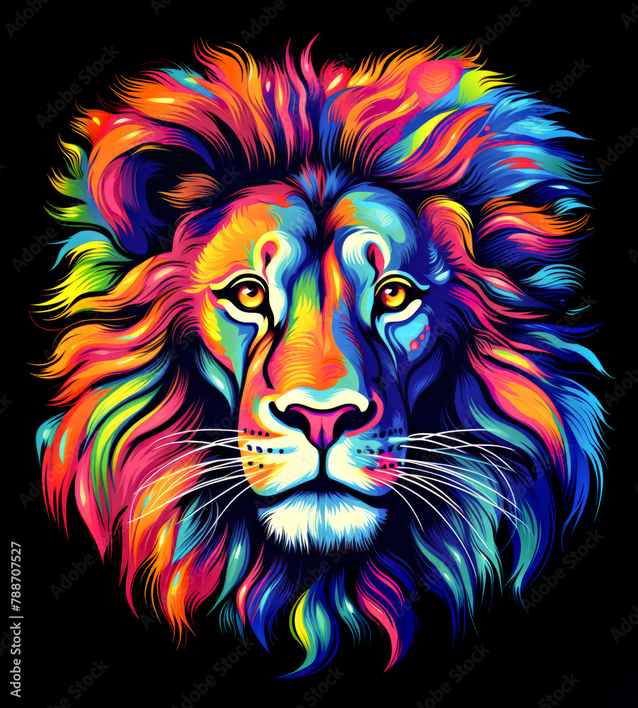 The lion in bright color with colorful hair, in the style of vibrant color abstract color art