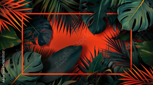 A stunning image featuring lush tropical leaves, including monstera and palm, set against a vibrant red background. Perfect for bold visual projects and designs.