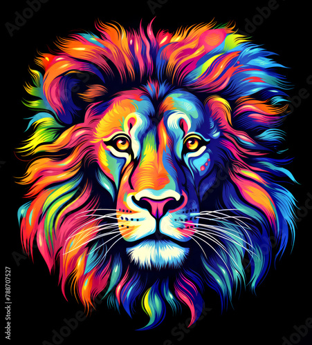 The lion in bright color with colorful hair, in the style of vibrant color abstract color art © Yaroslav