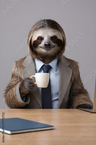 sloth with a cup of coffee in a business suit in the office working (ID: 788707712)