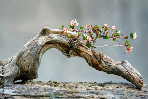 Bonsai tree with pink flowers and green leaves in a garden. Springtime concept. © Chili